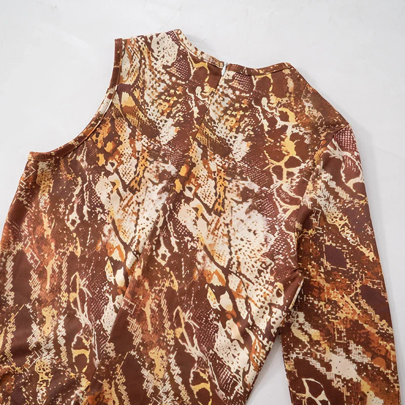 Brown Single Shoulder Long Sleeve Snake Print Jumpsuit for Women with Back Zipper Sexy One Piece Romper