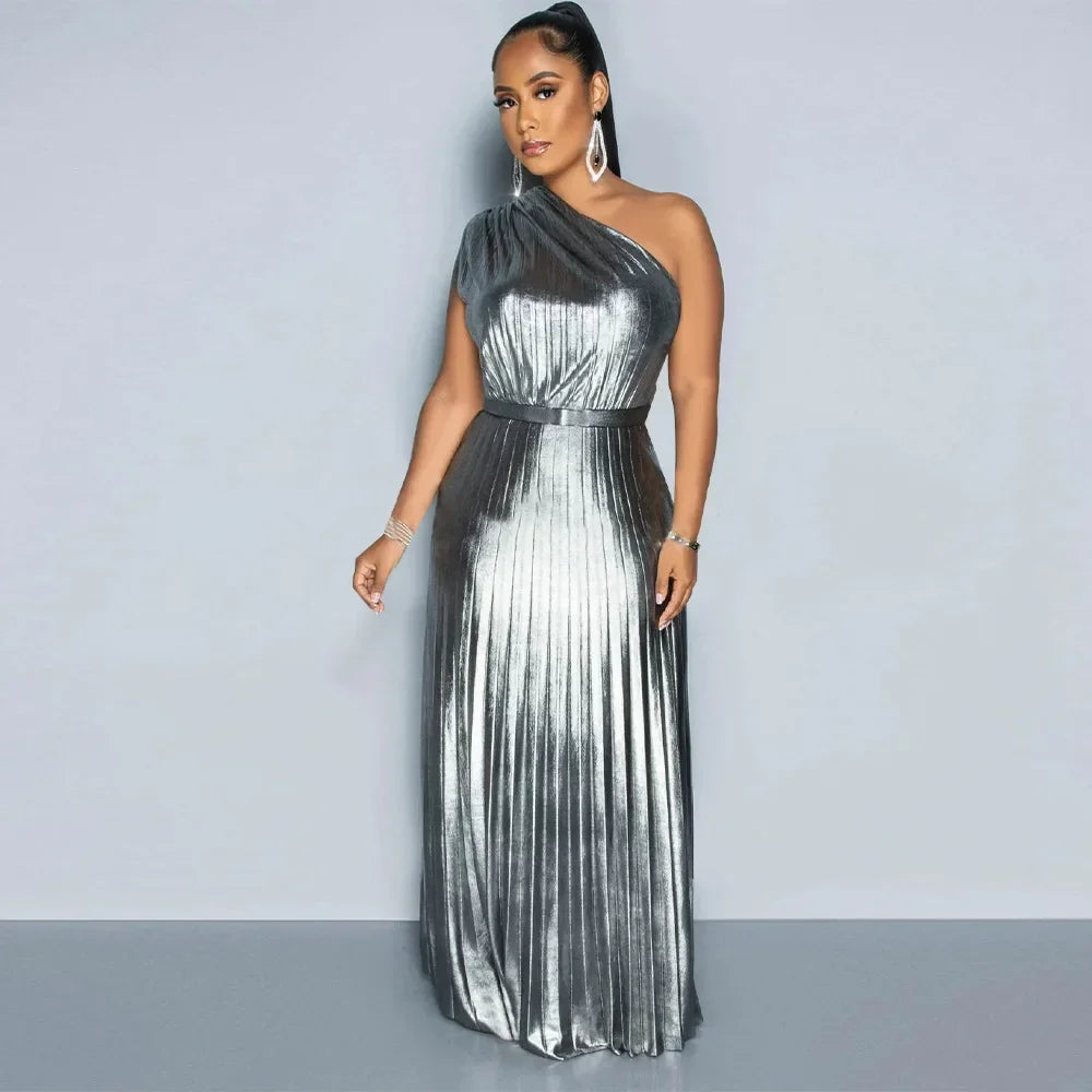 One Shoulder Metallic Pleated Maxi Dress Evening Gown