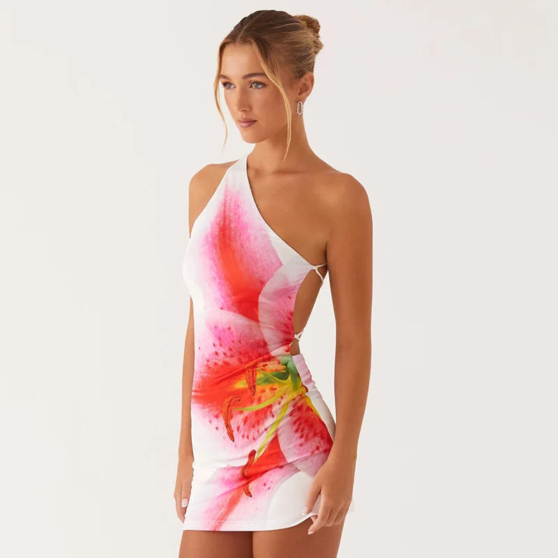 One Shoulder Floral Print Mini Dress Backless Bandage