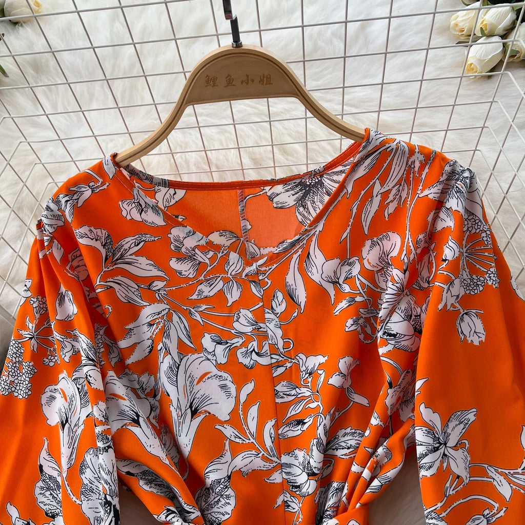 Boho Floral Print Pleated Maxi Dress With Puff Sleeves Belt