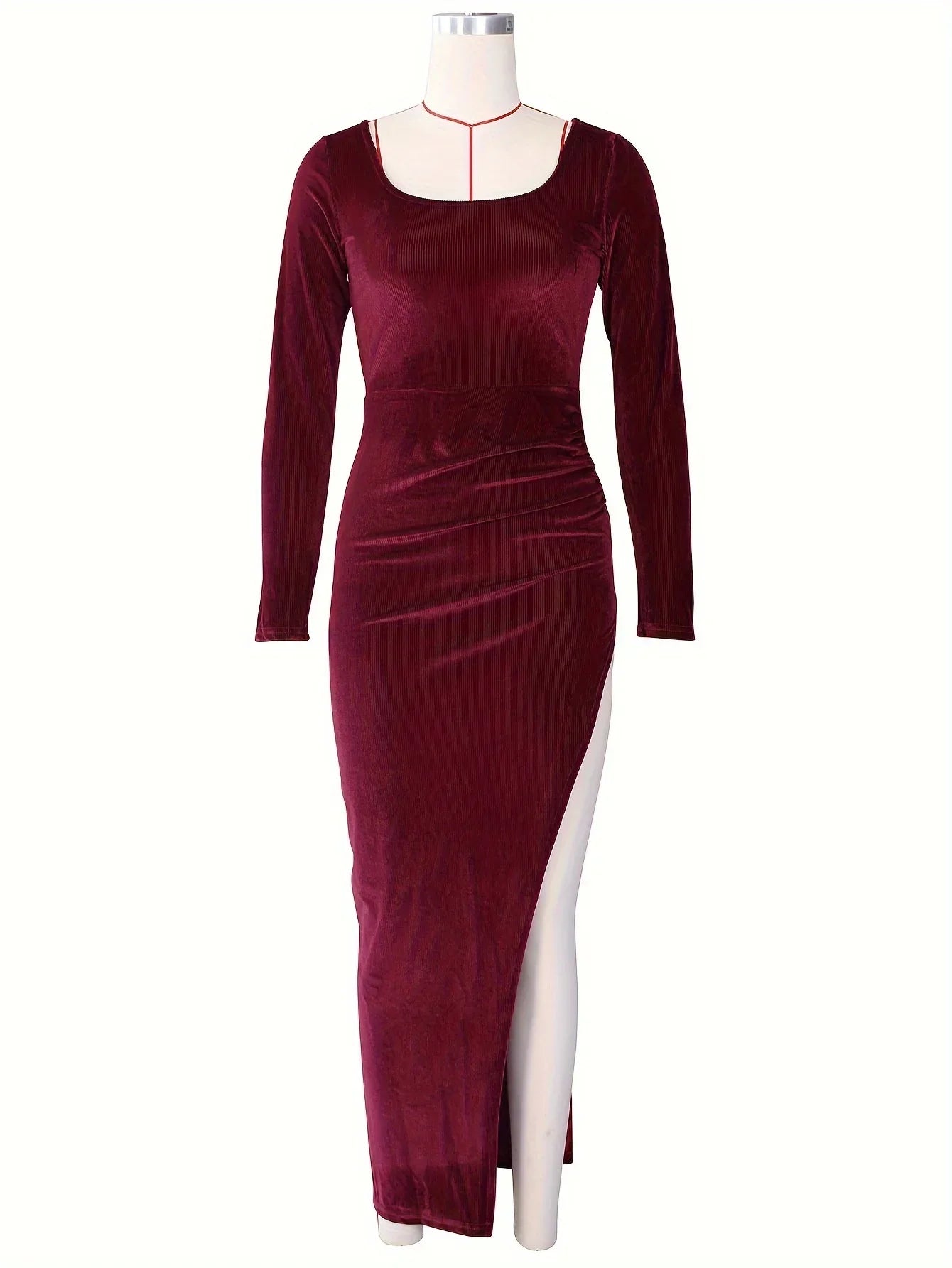 Velvet Long Sleeve Maxi Dress With Split For Wedding Guest