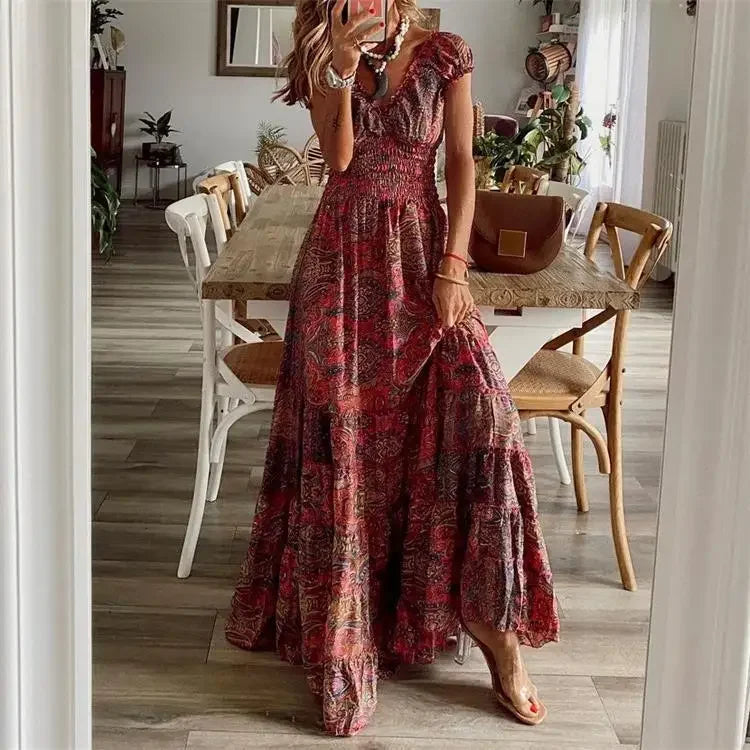 Bohemian Maxi Dress Floral Print Cinched Waist Long