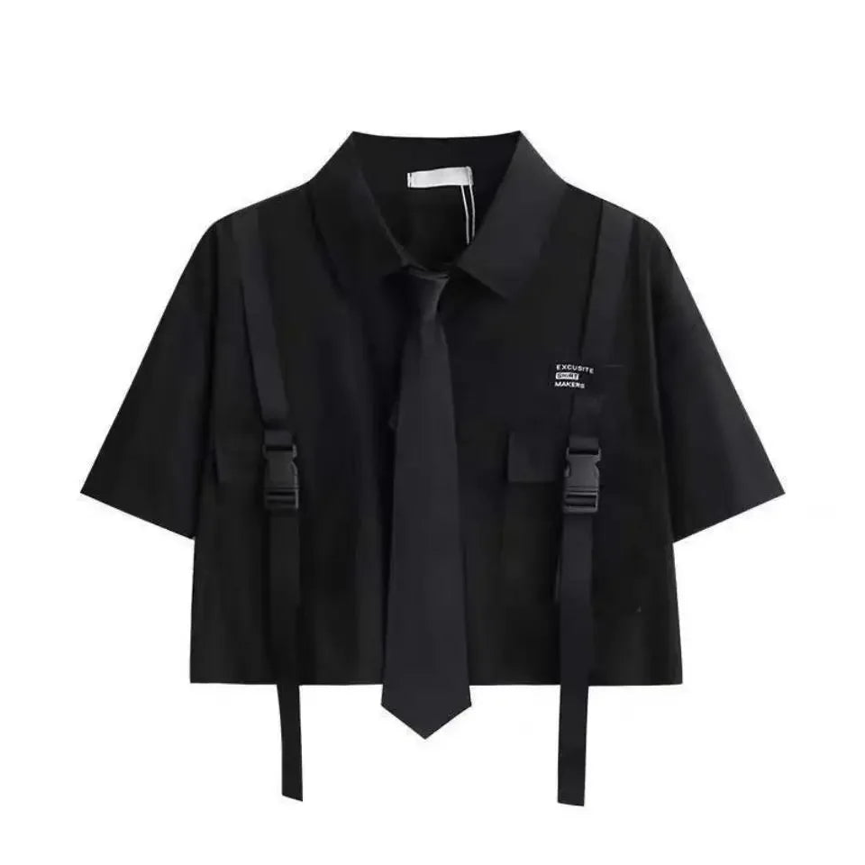 Casual Streetwear Cargo Pants Set with Chain and Harajuku Style Shirt for Women - Two Piece Loose Joggers and Blouse Outfit in Black and White