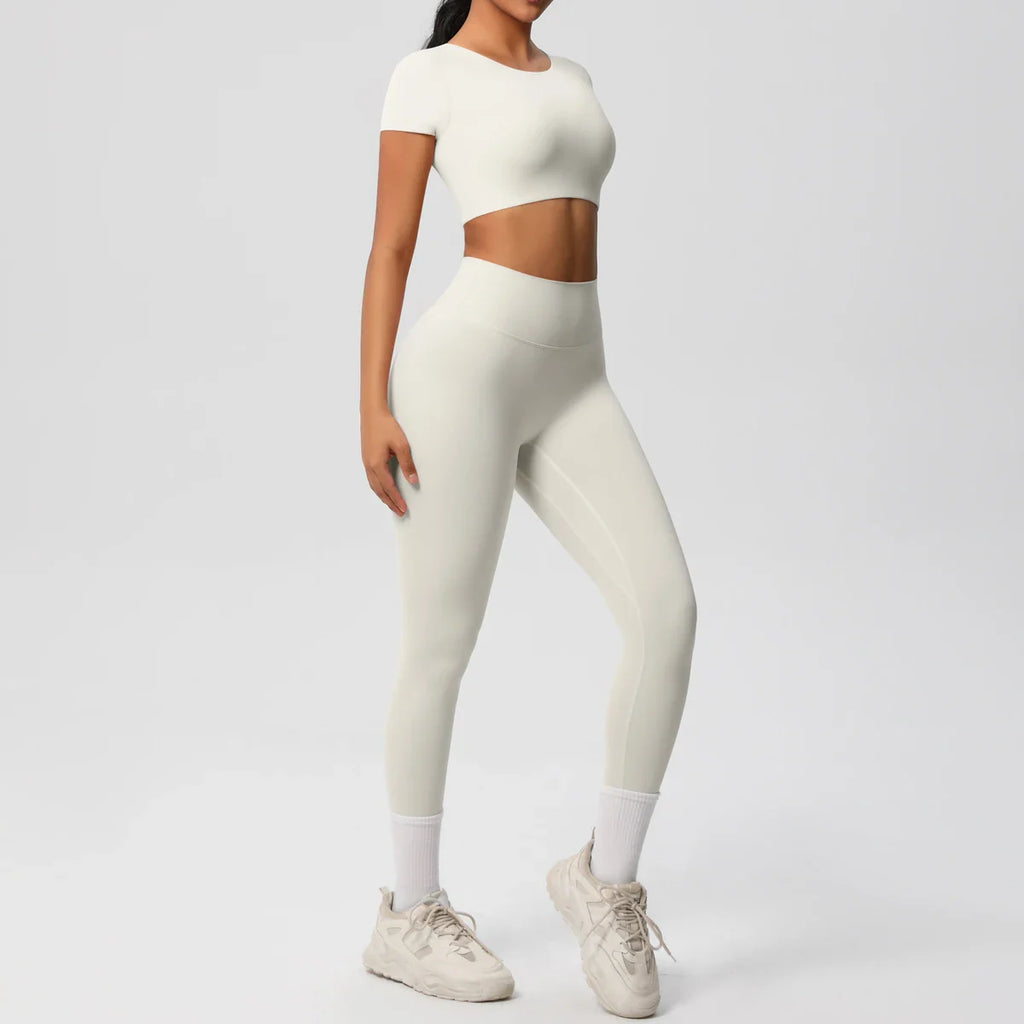 Yoga Set for Women Fitness Sportswear with Short Sleeve Top and High Waist Leggings
