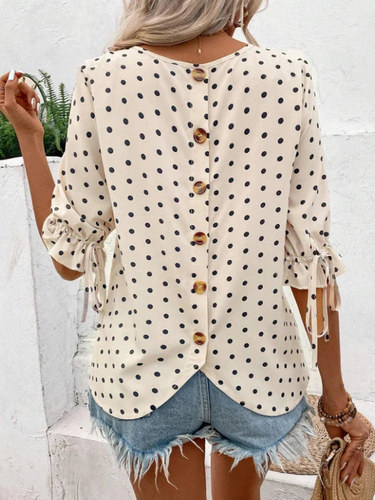 Women's Polka Dot Print Sleeveless Round Neck Shirt with Button Front and Adjustable Drawstring Cuffs for Spring and Summer