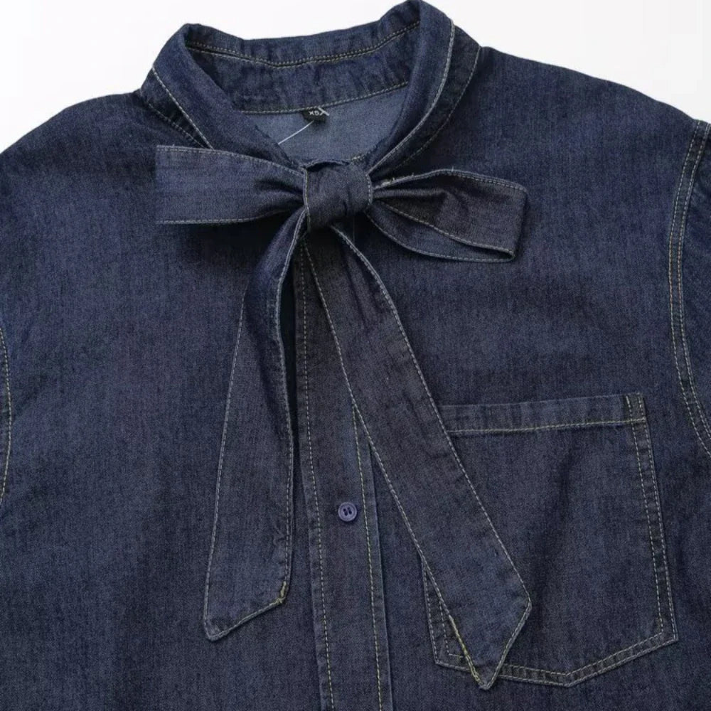 Women's Retro Long Sleeve Denim Shirt with French Bow Lapel Single Breasted Pocket Casual Cardigan for Fall and Winter Fashion