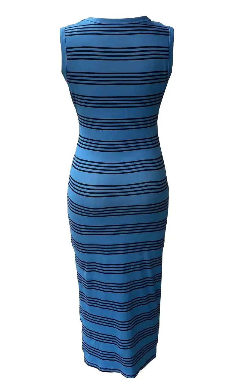 Casual Striped Knitted Midi Dress With Side Slit Summer