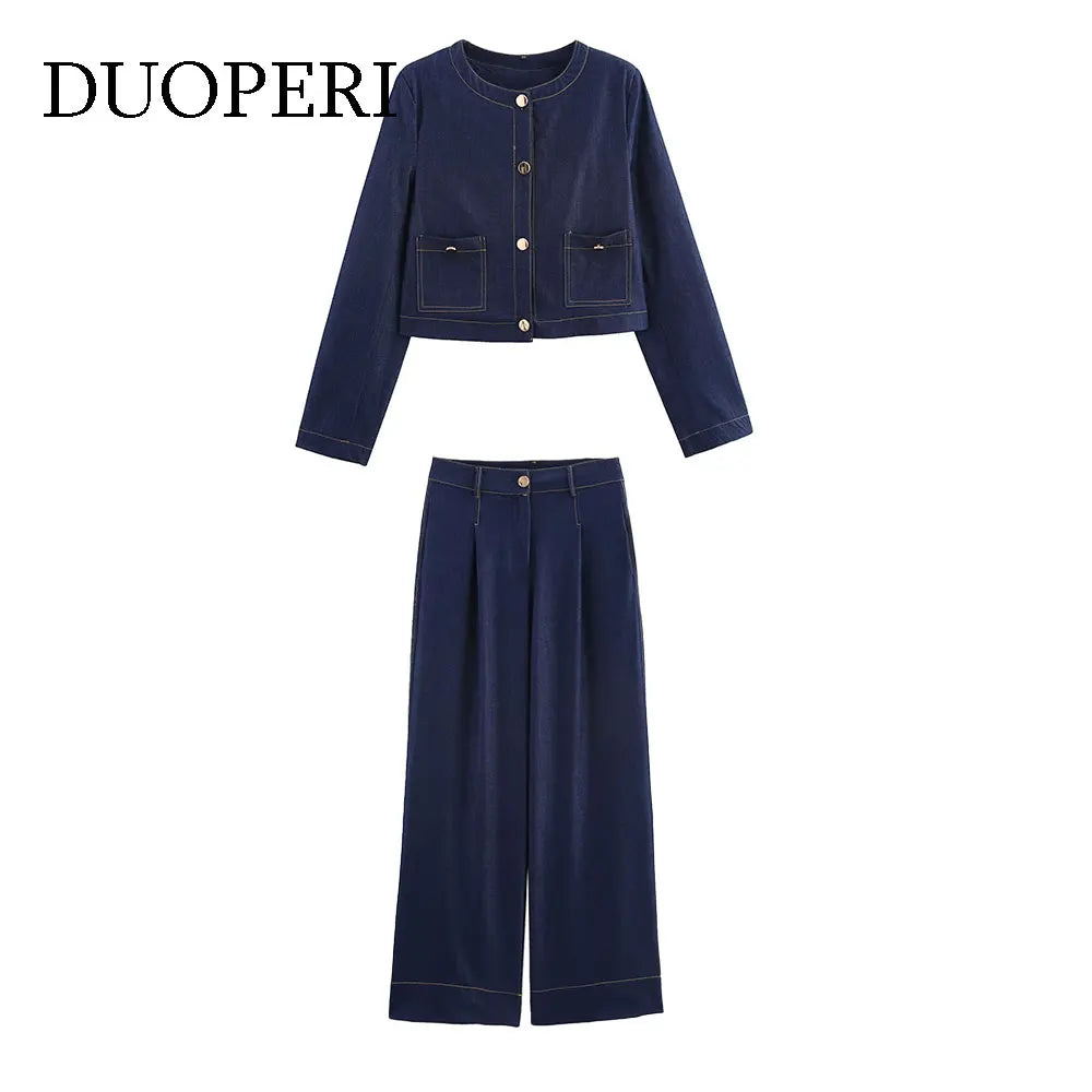 Women Fashion Denim Jacket and Jeans Set with Pockets Stylish Two Piece Outfit