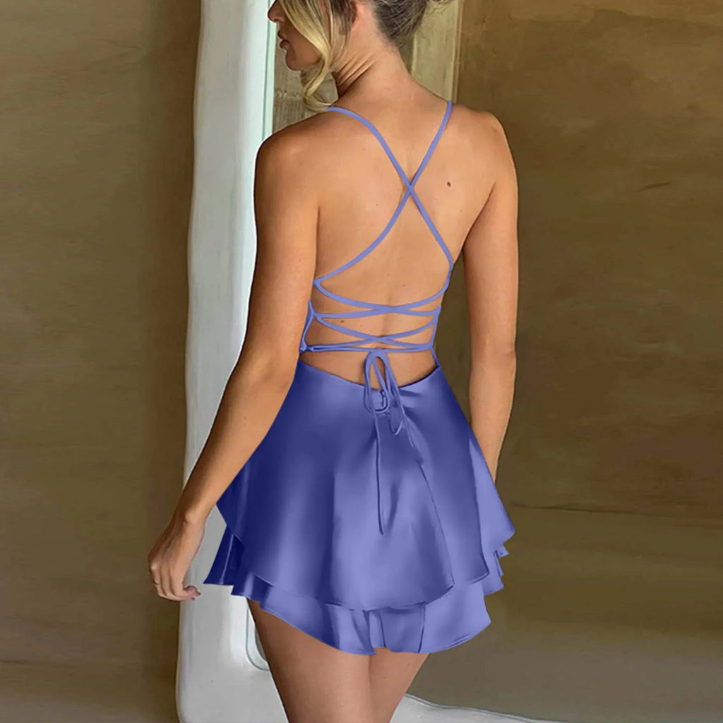 Backless Satin Party Dress With Cowl Neck Spaghetti Straps
