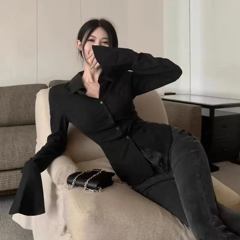 Slim White Chiffon Shirt for Women Long Sleeve Horn Sleeve Blouse Elegant Slim Fit Chic Ladies Top