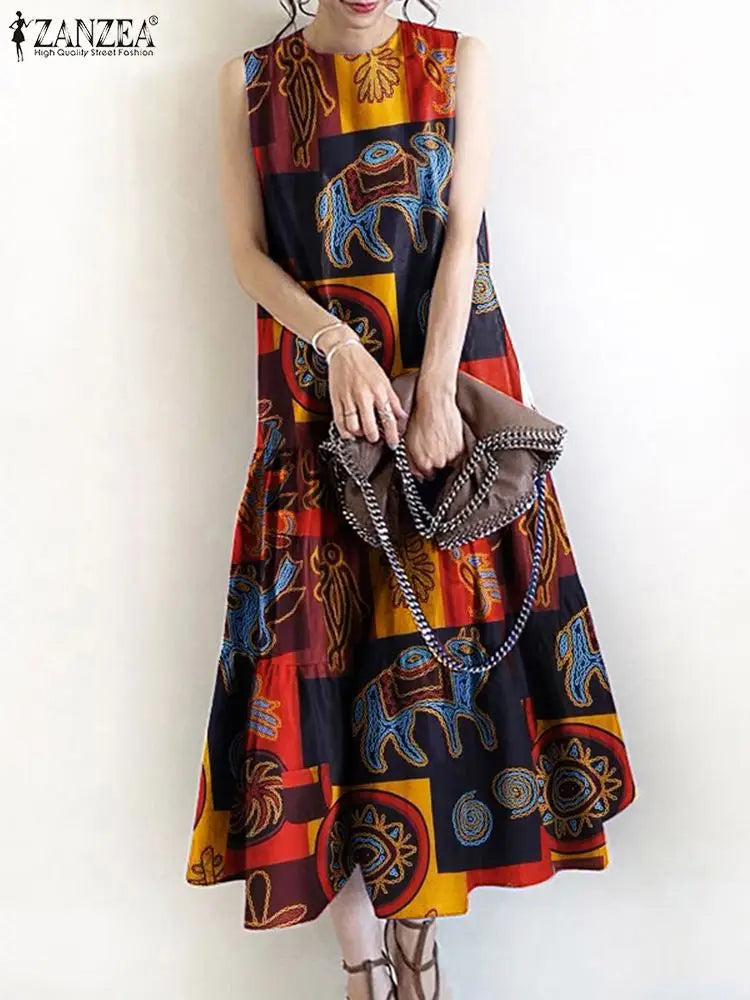 Bohemian Printed Sundress For Women O Neck Sleeveless