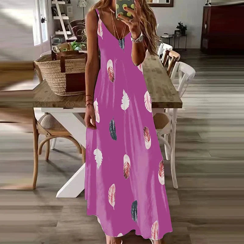 Feather Print Maxi Dress V Neck All Season Comfort Stretch