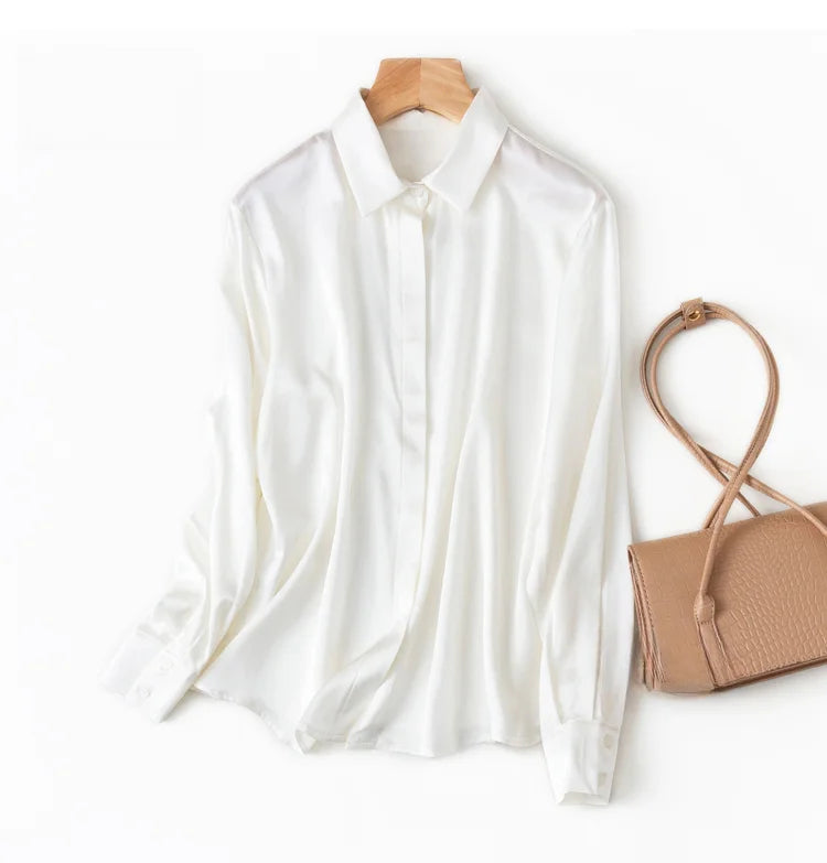 Women Satin Silk Shirt 93% Mulberry Silk 7% Spandex 19 Momme Classic Long Sleeve Blouse Solid Color Office Top for Women M L XL XXL