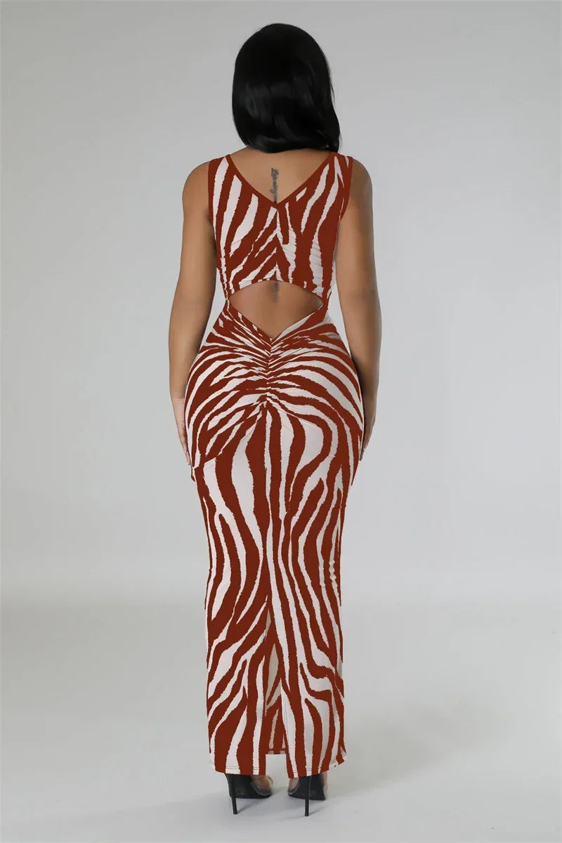 Zebra Print Bodycon Maxi Dress Ruched Sleeveless Party