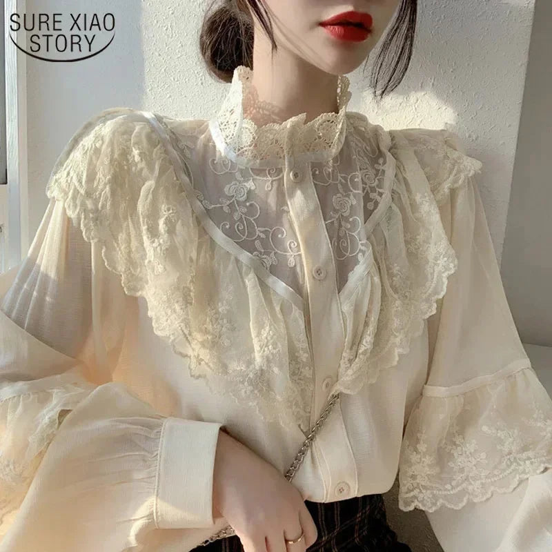 Spring Lace Loose Fit Long Sleeve Blouse for Women with Stand Collar and Button Detail Solid Color Casual Elegant Top