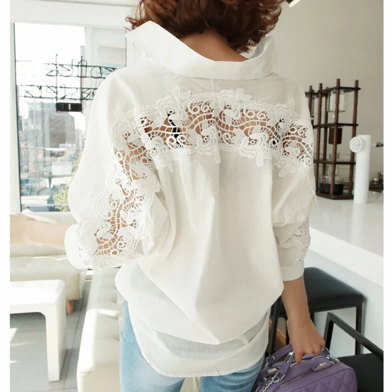 Sexy Hollow Out Lace Cotton Blouse for Women Elegant Backless Shirt Stylish Office Lady Top