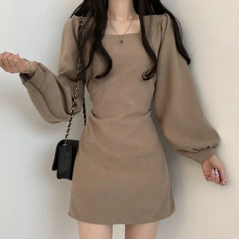 Women Square Collar Mini Dress Summer Sundress Chic
