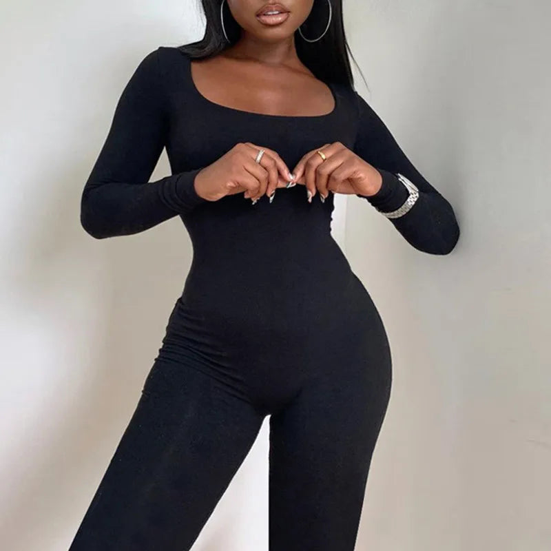 Women's Black Long Sleeve Bodycon Jumpsuit Slim Fit Sexy Solid Romper Casual Sporty Skinny Streetwear for Autumn Winter