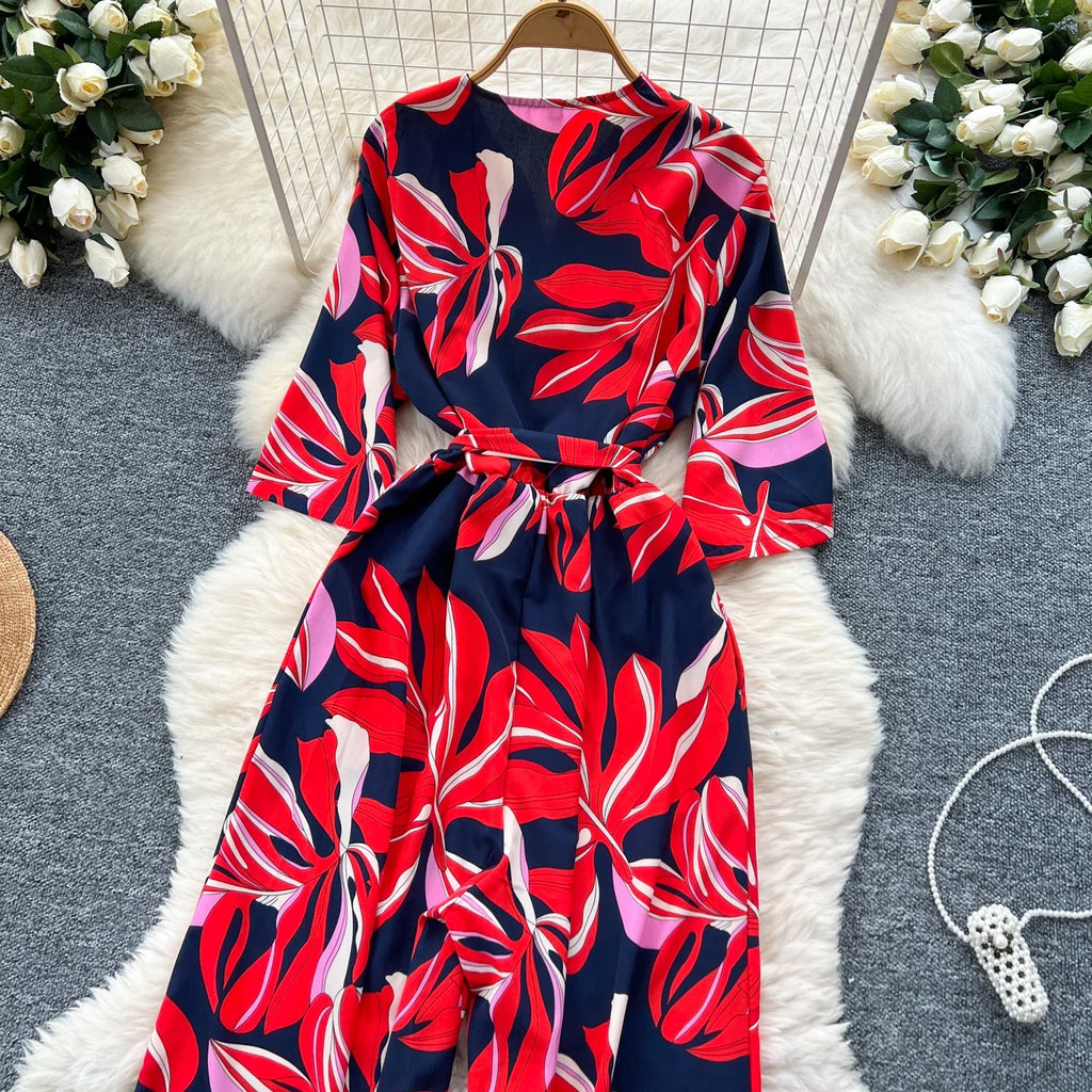 Women's Summer V-Neck Short Sleeve Lace-Up Waist Slim Fit Wide-Leg Printed Jumpsuit with Loose Straight Leg Design