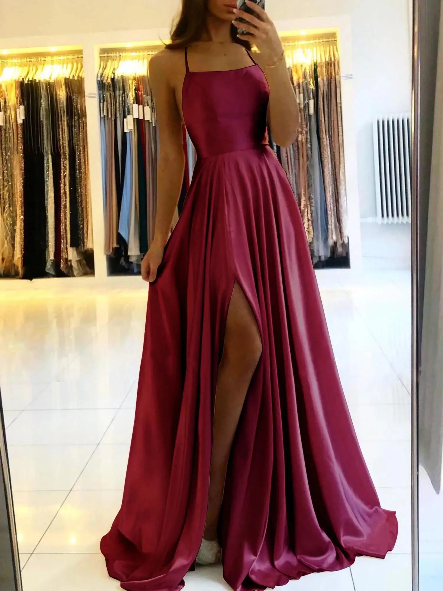 Burgundy Satin Maxi Dress With Cowl Neck And Leg Slit