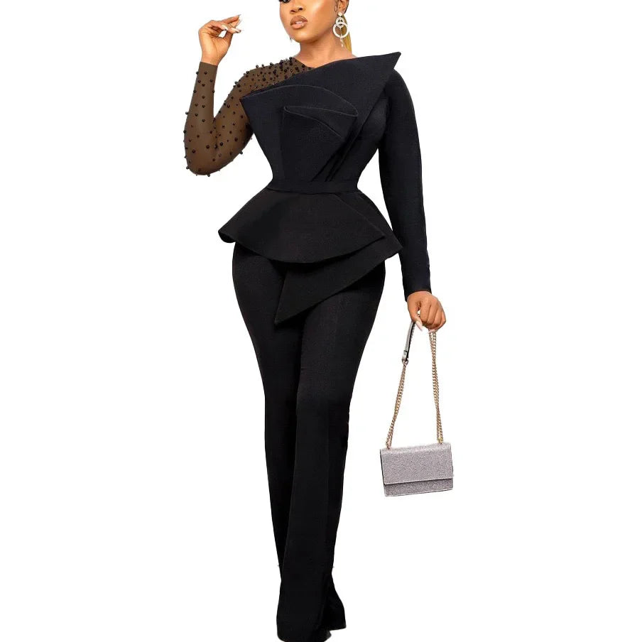 Elegant High Waisted Jumpsuit for Women with Round Neck Beaded Detail and Transparent Sleeves Perfect for Birthday Parties and Special Occasions