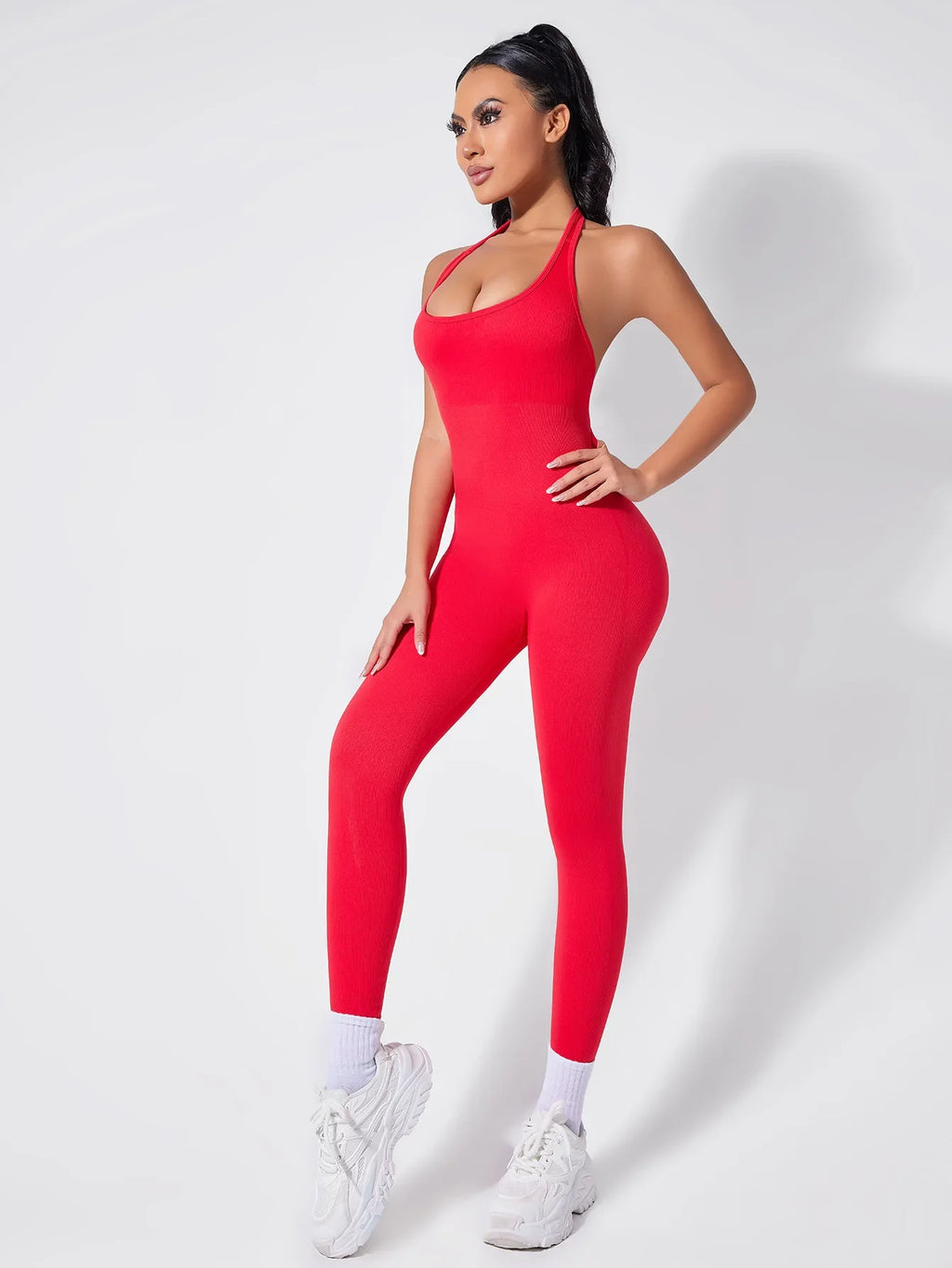 Ladies Vibrant Red Backless Hanging Neck Jumpsuit for Fitness and Fashionable Daily Wear