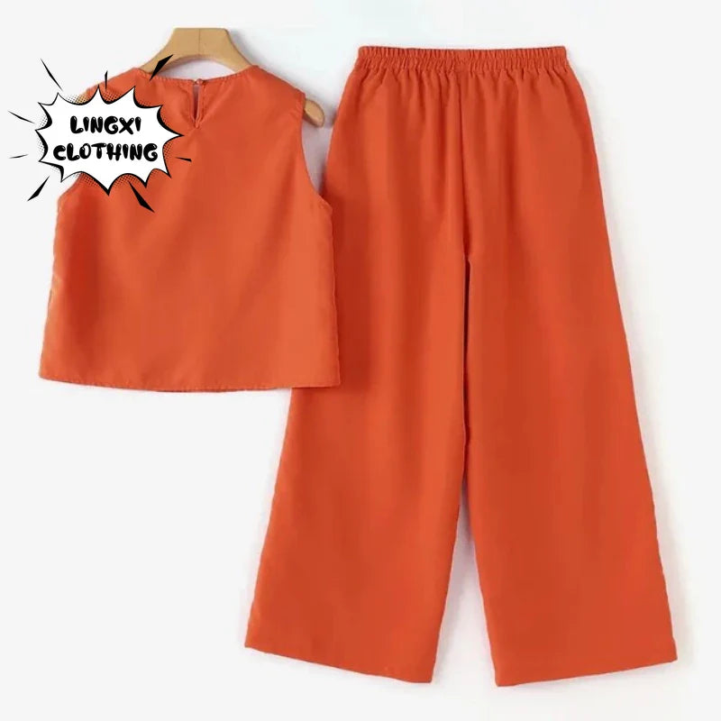 Women's Cotton and Hemp Two Piece Set Loose Elegant Sleeveless Commuter Outfit with Embroidery