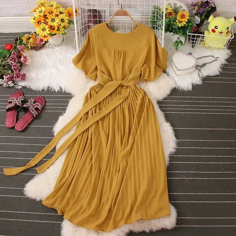 Chiffon Pleated Lace Up V Neck Dress For Women Summer