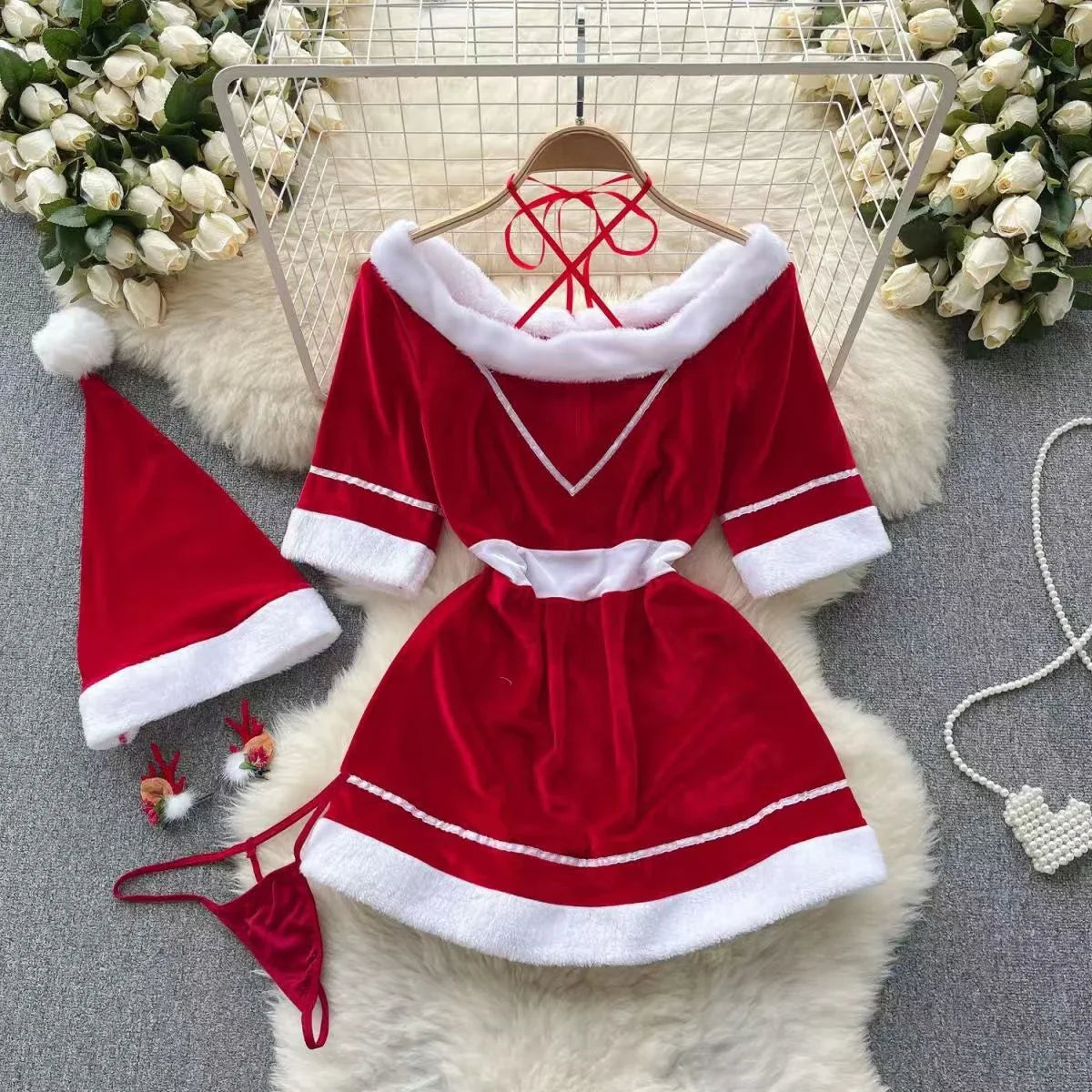 Sexy Christmas Cosplay Dress Red Halter Neck Mini Costume