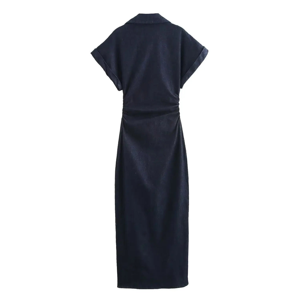 Denim Collared Short Sleeve Dress With Slimming Silhouette