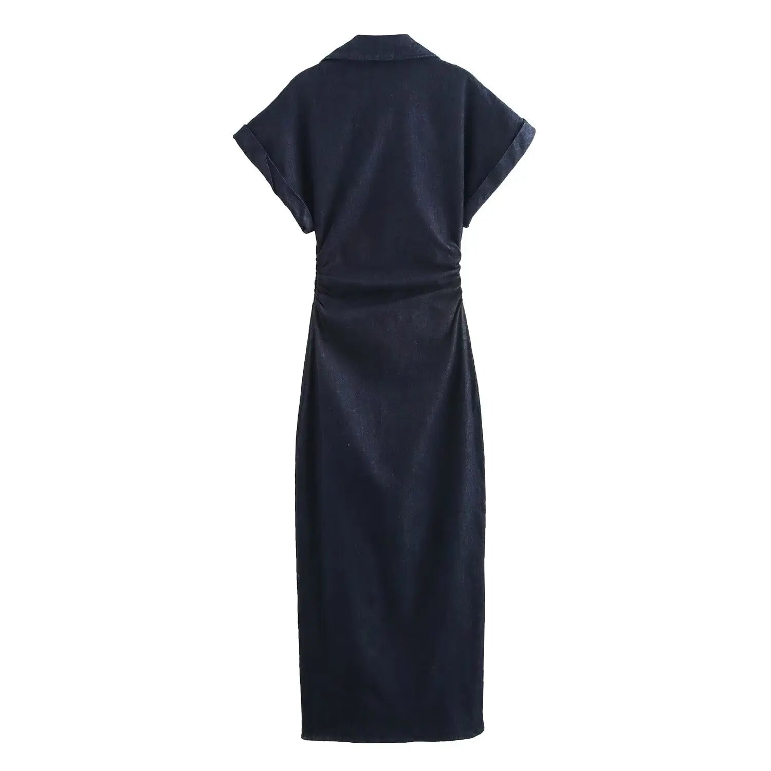 Denim Collared Short Sleeve Dress With Slimming Silhouette