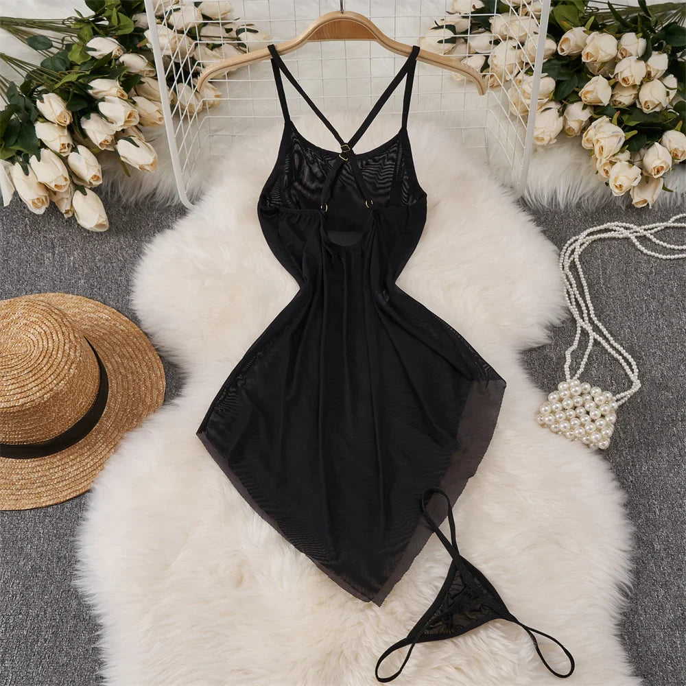 Backless Mesh Nightgown With Cross Strap Nightdress
