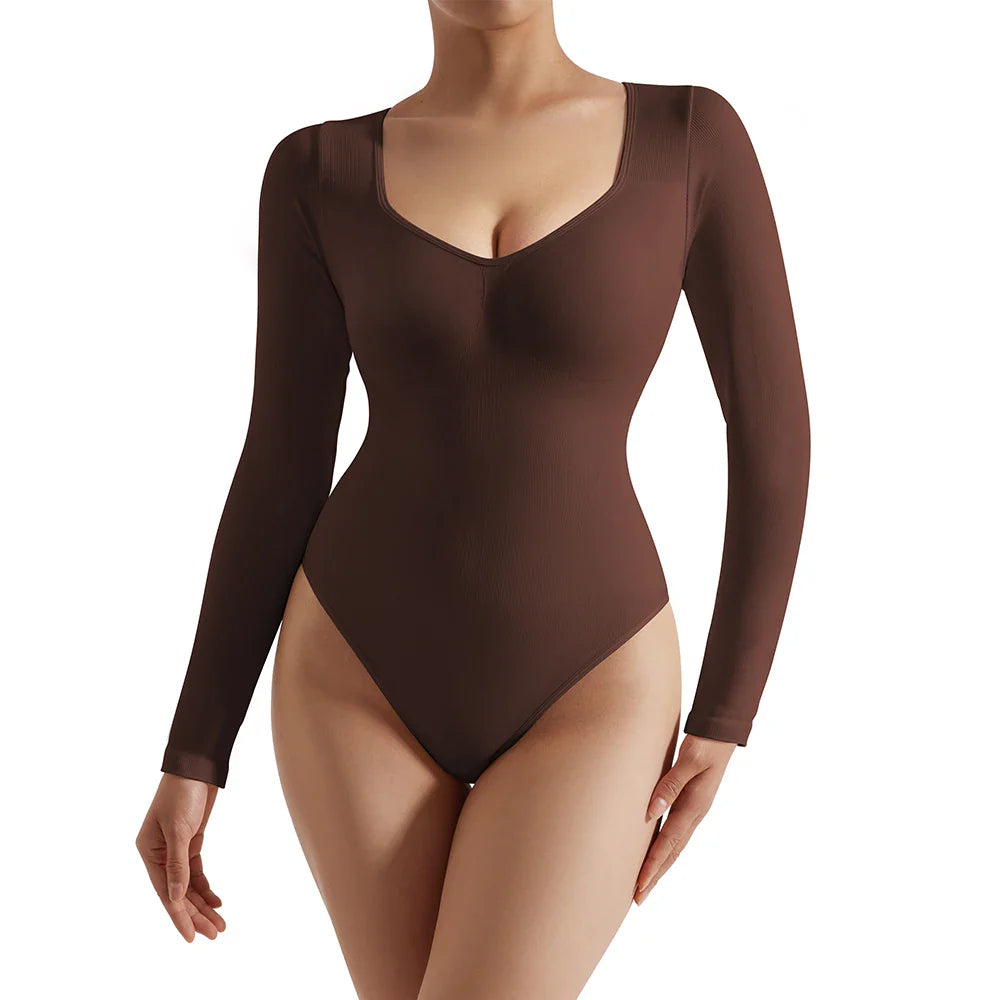 Sexy Long Sleeve Bodysuit for Women Skinny Bodycon V-Neck Push Up Romper Streetwear Jumpsuit