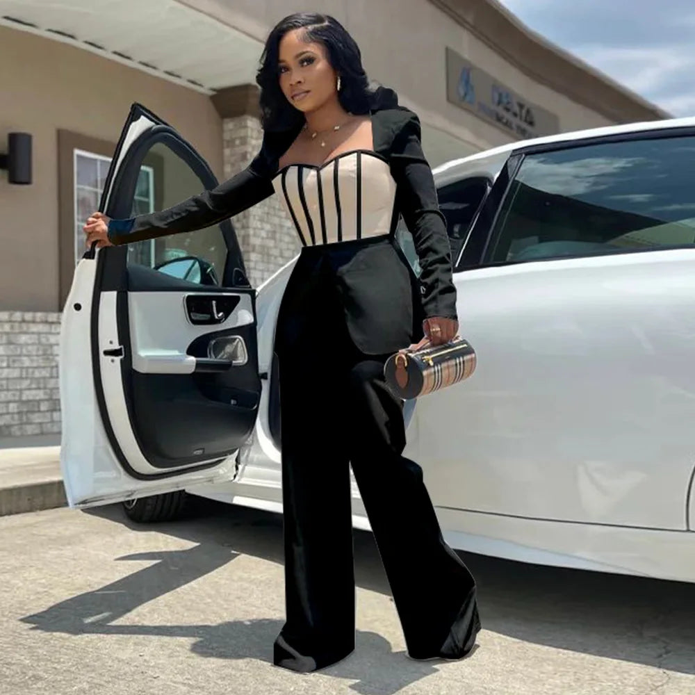 Women Long Sleeve Patchwork Romper Jumpsuit with Waist Cincher Wide-Leg Pants Elegant Office and Party Playsuit