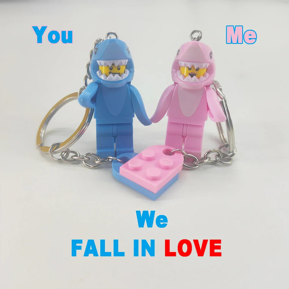 Cartoon Shark Keychains Set - Cute Pink and Blue Anime Keyring Charms for Lovers, Adorable Bag and Car Decor Gift