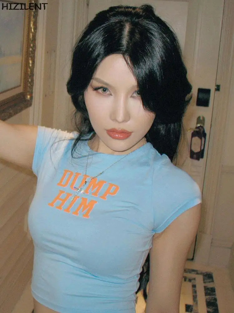 Y2K Grunge Aesthetic Gothic Punk T Shirt for Women with Graphic Print Slim Fit Crop Top Short Sleeve Emo Fashion