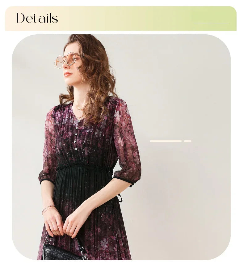 Purple Floral Chiffon Dress With V Neck And Lantern Sleeves