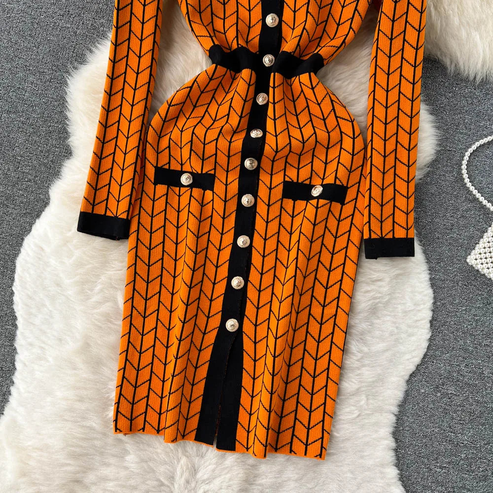 Autumn Plaid Knit Dress Women V Neck Elastic Waist Midi