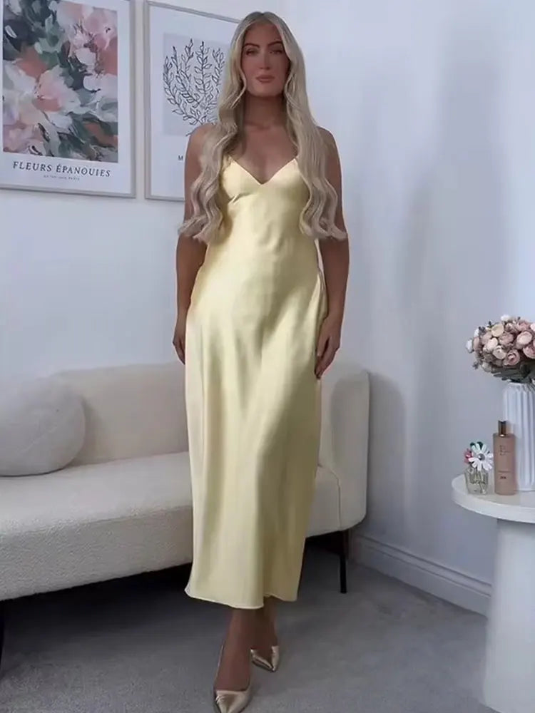 Yellow Satin Dress V Neck Backless For Women Party Evening
