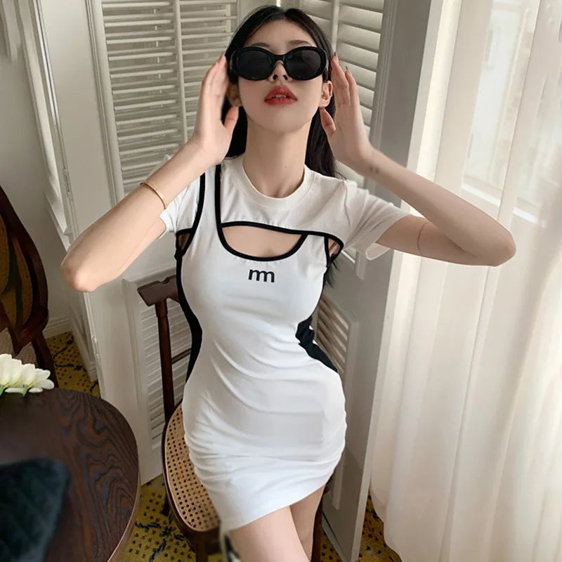 Women Hollow Out O Neck Short Sleeve Patchwork Mini Dress