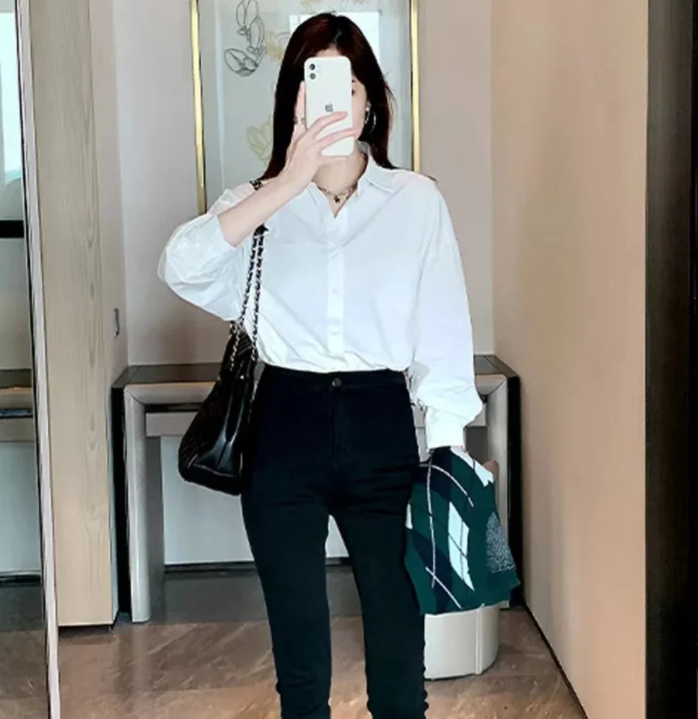 White Long Sleeve Blouse for Women Casual Loose Fit Office Shirt Simple Elegant Workwear Top