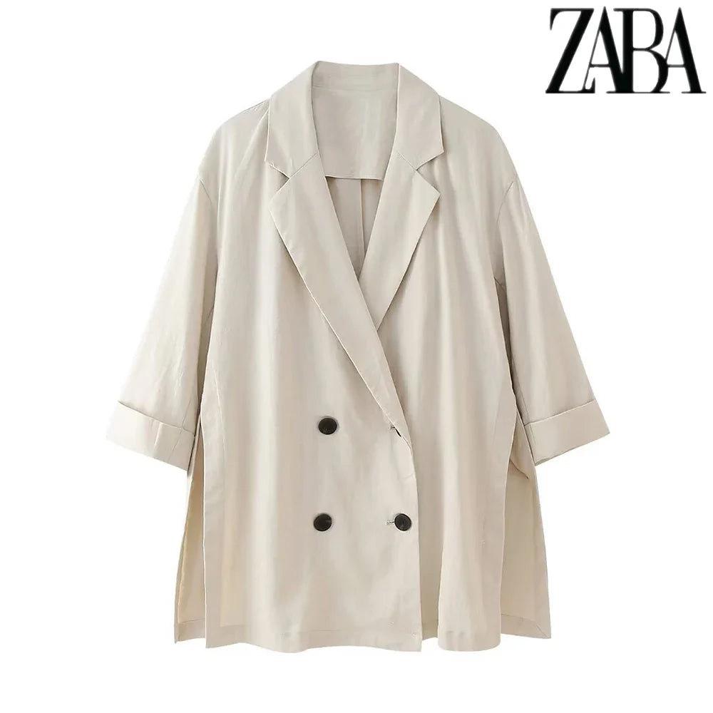 Women's Office Suit Set with Double Breasted Lapel Top and Wide Leg Pants in Solid Color