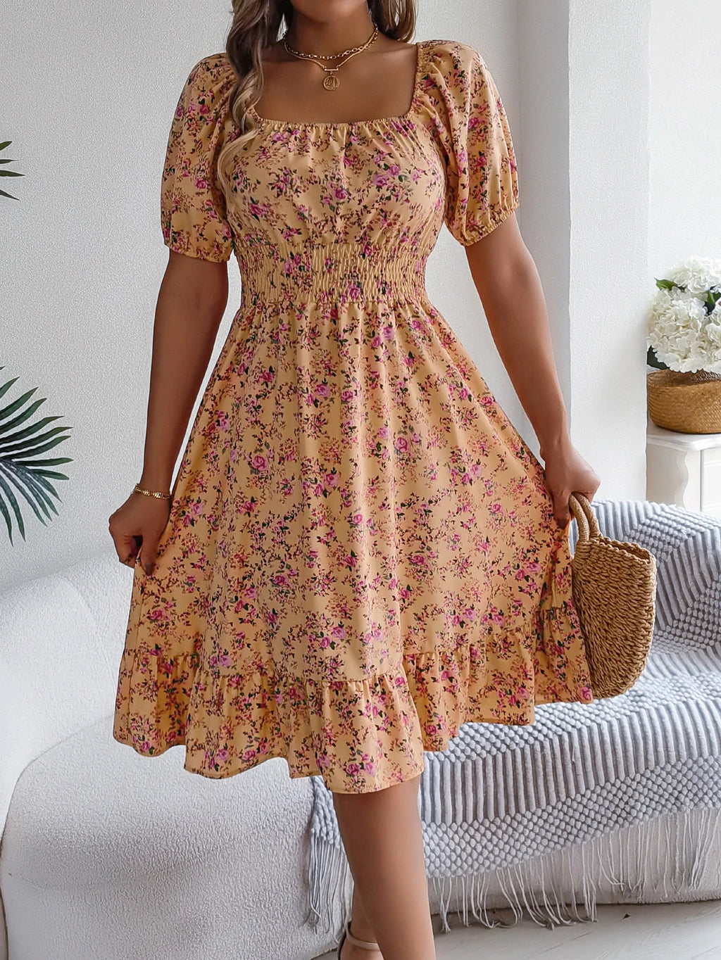 Floral Print Square Neck Dress With Shirred Waist Detail