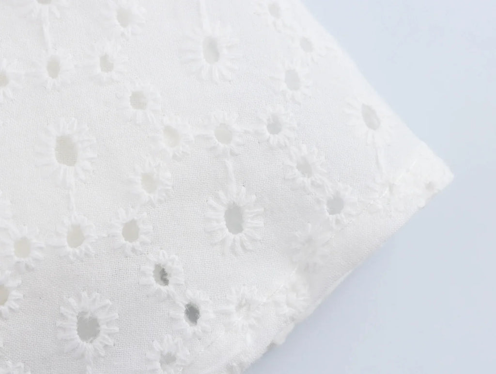 Womens Hollow Embroidery V Neck Lantern Sleeve Mini Dress