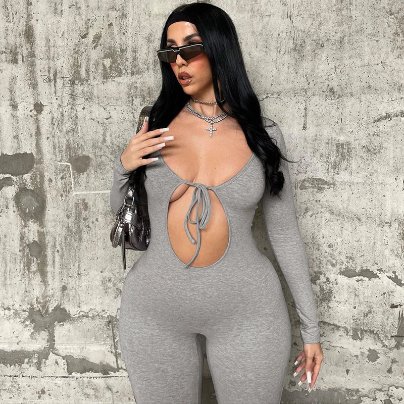 Solid V Neck Long Sleeve Hollow Out Lace Up Sexy Bodycon Jumpsuit Women's Fashion Streetwear Sporty Romper Overalls for Fall