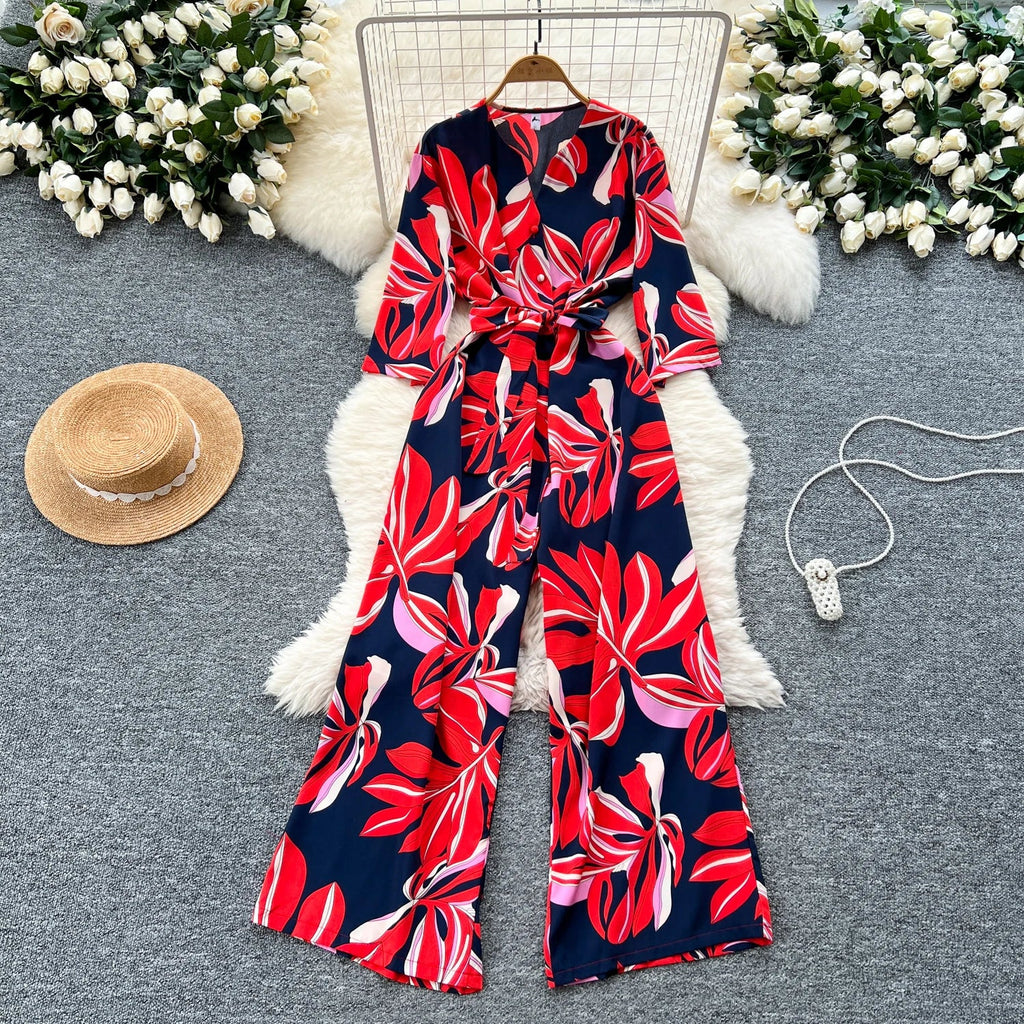 Women's Summer V-Neck Short Sleeve Lace-Up Waist Slim Fit Wide-Leg Printed Jumpsuit with Loose Straight Leg Design