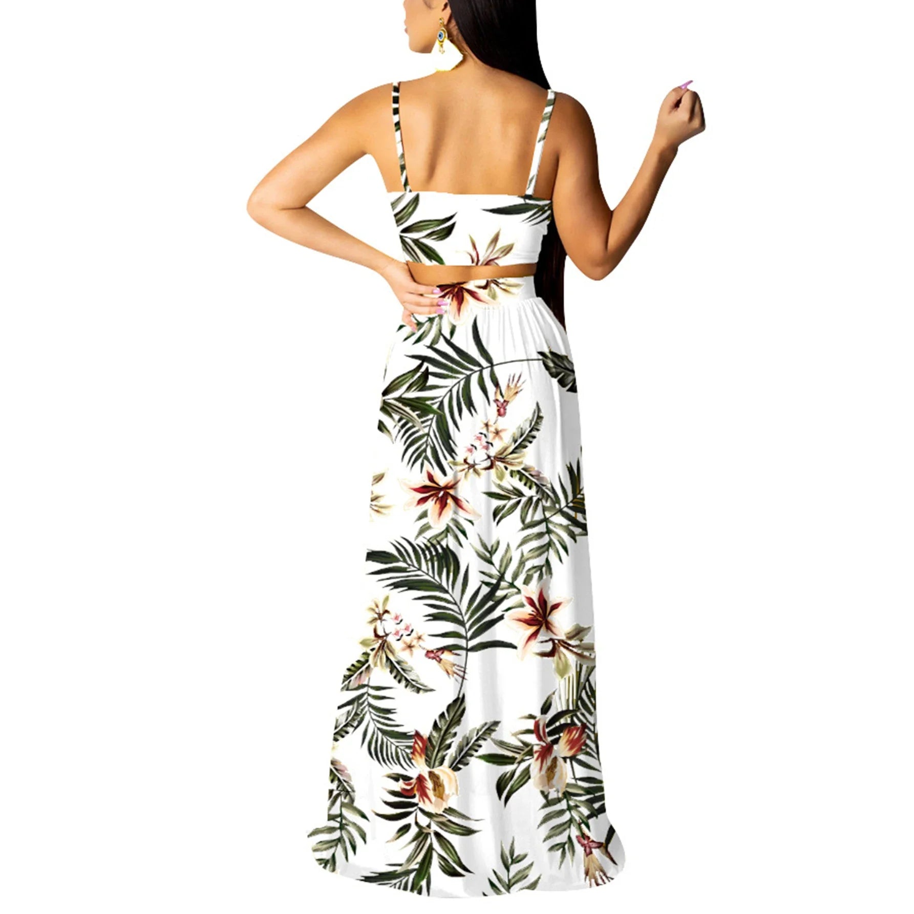 Bohemian Floral Two Piece Set V Neck Beach Dress for Women
