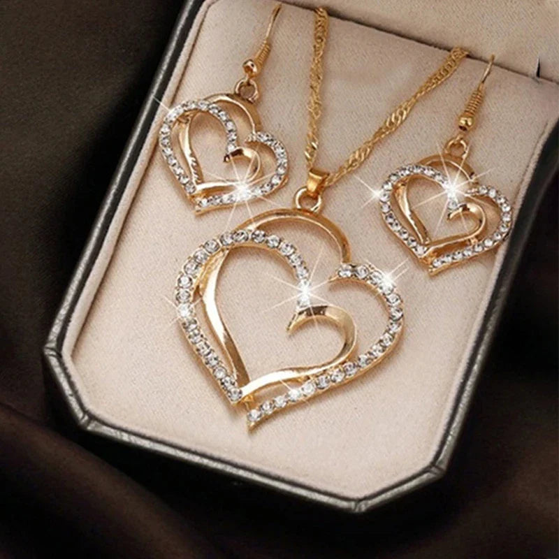 Heart Shaped Jewelry Set With Earrings Pendant Necklace for Women Exquisite Rhinestone Double Heart Design