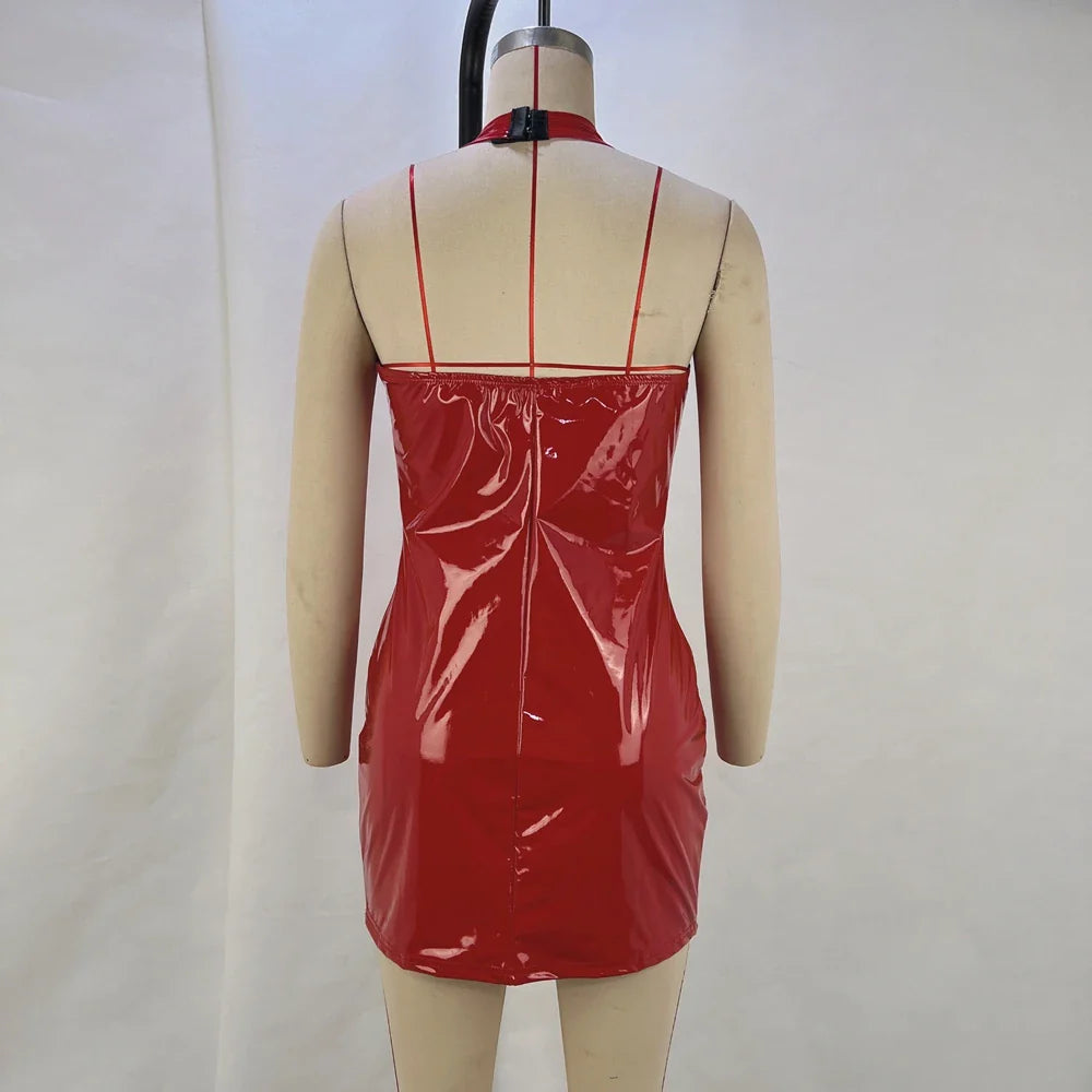 Halter Neck PU Mirror Dress Waist Slimming Nightclub Dress