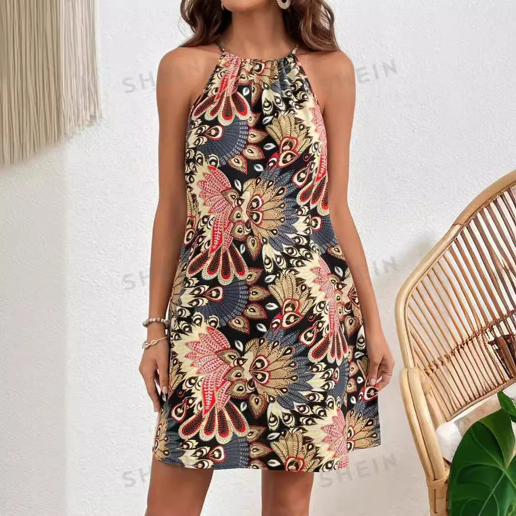 Bohemian Halter Neck Dress for Summer Vacation Boho Print
